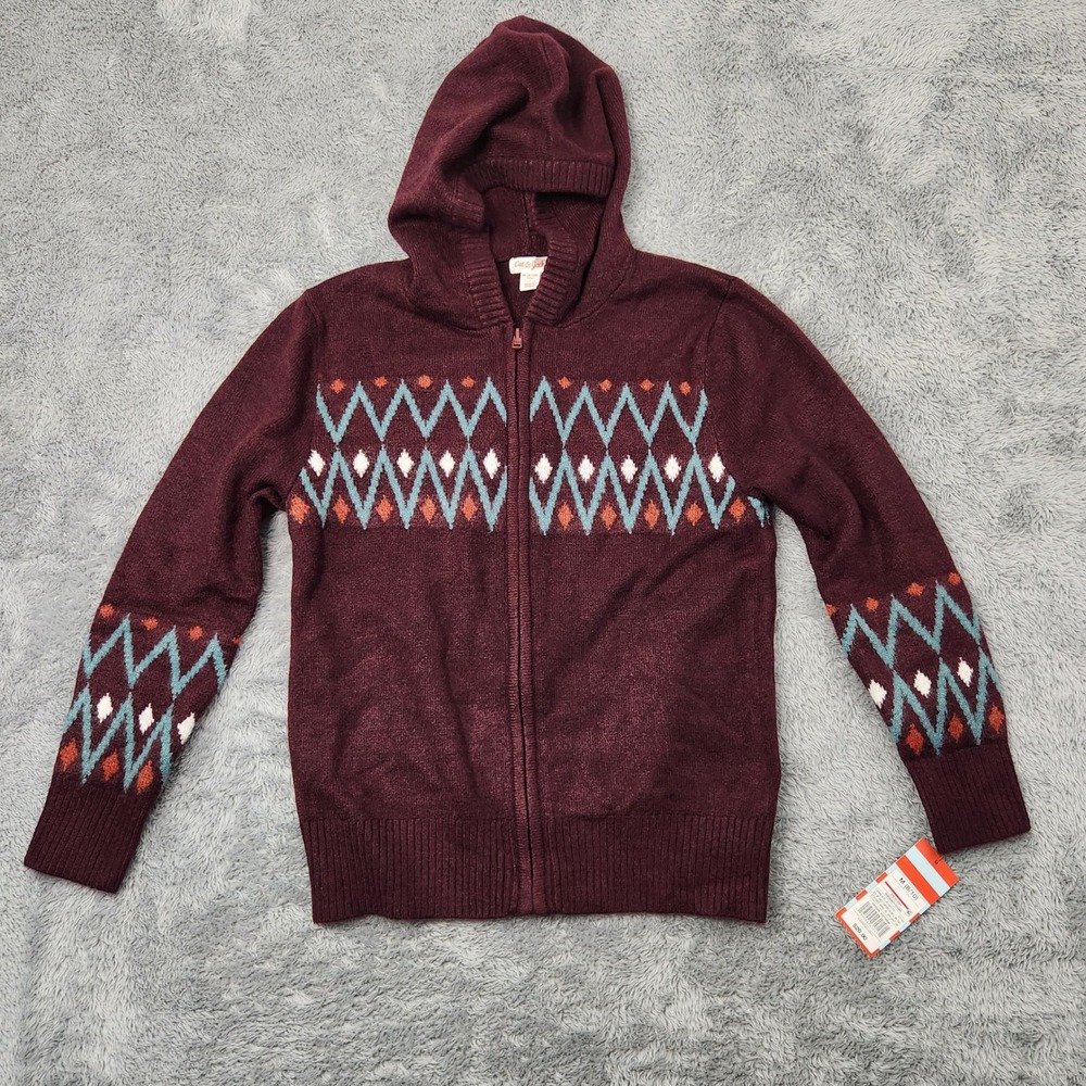 Cat & Jack Sweater Kids M 8/10 Burgundy Full Zip Hooded Fair Isle Geometric Knit